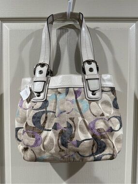 Coach Lynn Soho Pleated Optic Linen Multicolor Leather Trim Shoulder New